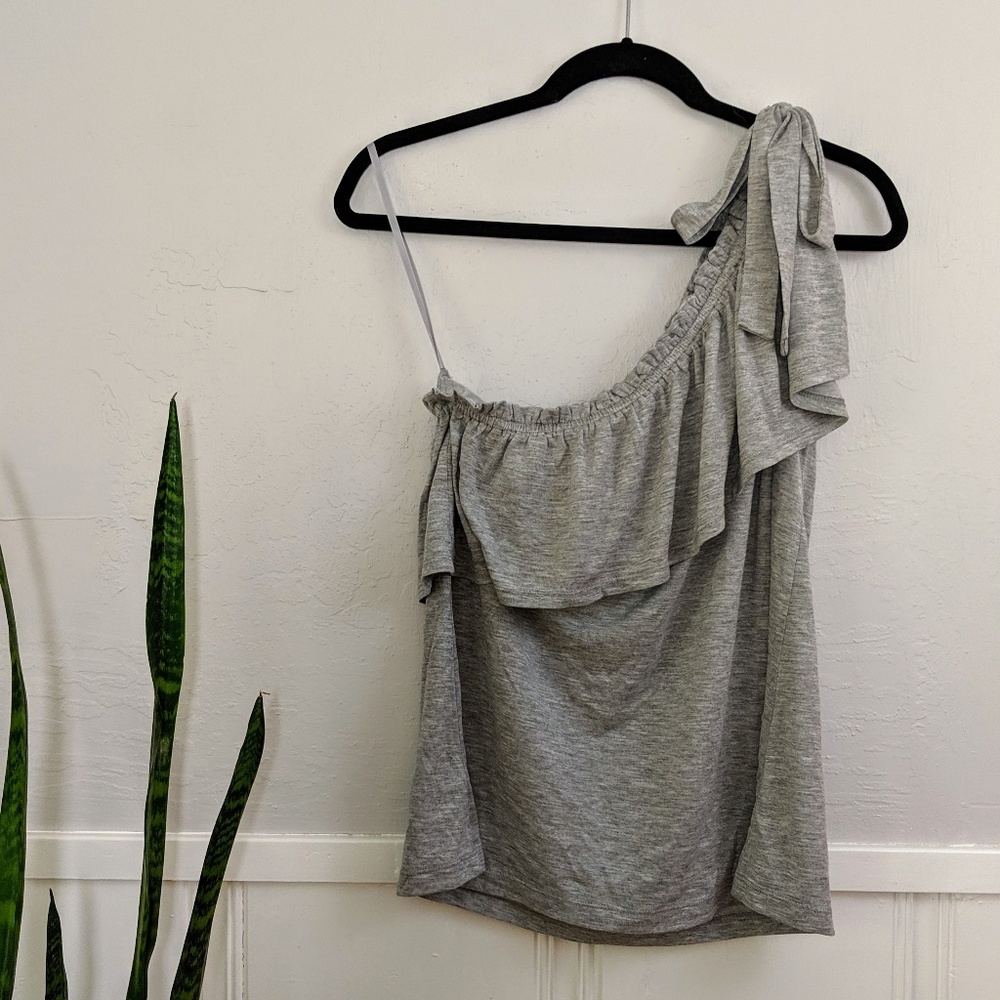 LOFT Gray One Shoulder Knit Ruffle Tie Tank